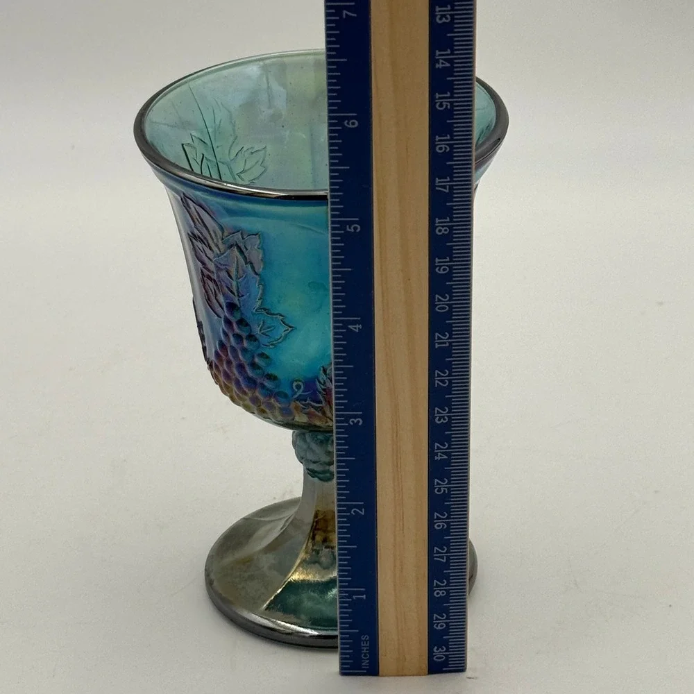 Vintage Blue Carnival Glass Grape Leaf Embossed Goblet Iridescent Water Wine Cup